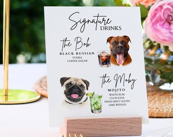 Custom Dog Signature Drinks Menu Card, Unique Pet Wedding Cocktail Sign featuring Pet Portrait, Name, Watercolor Drink Images + Custom Text