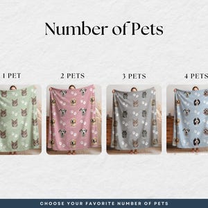 four different blankets with various patterns of dog faces, each representing a different number of pets.