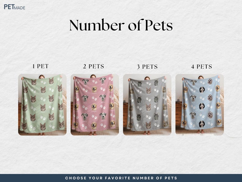 four different blankets with various patterns of dog faces, each representing a different number of pets.