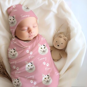 Juego de manta envolvente con retrato de gato personalizado, accesorio fotográfico personalizado para recién nacidos, atuendo para bebé que regresa a casa, manta de recepción, regalo para niño y niña.