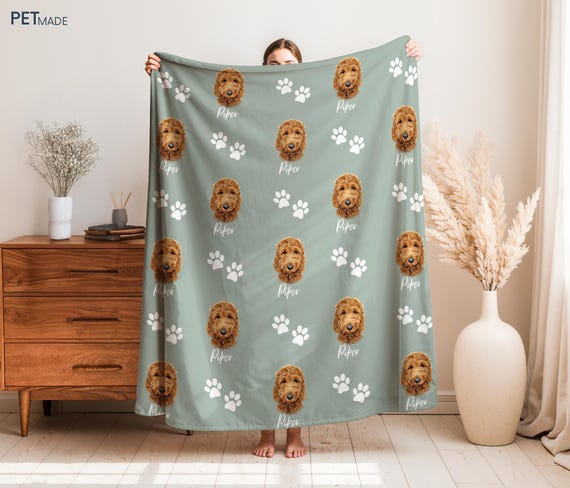 Custom Dog Blanket with Pet Face Portrait from Photo + Name