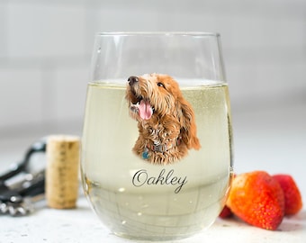 Custom Pet Wine Glass, Dog or Cat Portrait Stemless Glass Gift