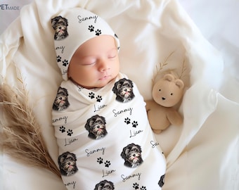 Custom Dog Portrait Swaddle Blanket - Personalized Baby Gift, Newborn Photo Prop, Cozy Receiving Blanket for Pet Parents, Baby Beanie Hat