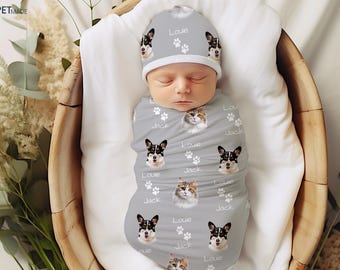 Set di coperte personalizzate con ritratto di cane - Accessorio fotografico personalizzato per neonati, regalo per neonati, vestito per il ritorno a casa, morbida coperta per i genitori