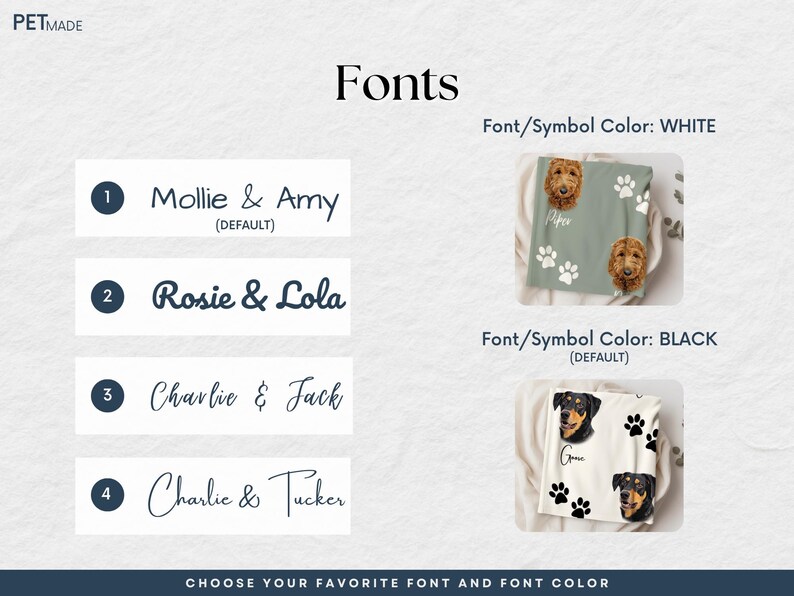 a selection of personalized pet-themed items, including dog-themed blankets, pillows, and other accessories.