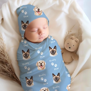 Manta para envolver perros personalizada con retrato de mascota sobre manta para bebé con perro - Juego de manta para envolver bebés personalizado Manta para bebé con cara de perro y gato Traje para bebé y perro