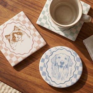 Personalized Pet Coaster, Custom Portrait on Checkered Ceramic Gift for Cat and Dog Lovers