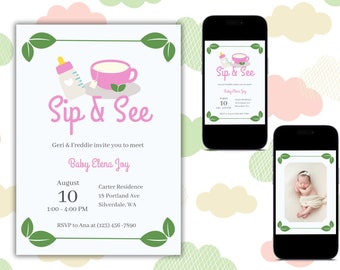 Invitación a beber y ver, invitación a un nuevo bebé, conocer y saludar a una nueva niña, fiesta rosa a beber y ver, a beber y ver a una niña, imprimible, editable