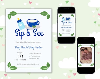 Sip and See Invite, New Baby Invitation, New Baby Boy Meet and Greet, Blue Sip n See Party, Sip and See Boy, Printable, Editable
