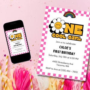 1er cumpleaños invitación, UNA chica genial, primera invitación de cumpleaños, tema patinador de los años 90, tablero de ajedrez de cara sonriente, imprimible, editable