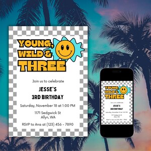 3rd Birthday Invitation, Young Wild and Three Birthday Party Invite, 3 year old Birthday Invitation, Birthday Dude, Printable, Editable