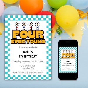4th Birthday Party Invite, FOURever Young, Fourth Birthday Party Invite, 4 Year Old Birthday Invitation, Turquoise Checkerboard, Printable