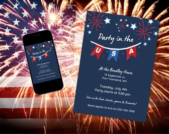 Op de afbeelding: Een blauwe en rode uitnodigingskaart met witte sterren en vuurwerk voor een "Party in the USA"-evenement. De uitnodiging bevat de datum, tijd, locatie en contactgegevens voor RSVP.