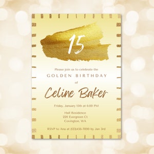 Golden Birthday Party Invitation, Birthday Celebration Invite, Milestone Gold Birthday, Canva Template,  Printable, Editable