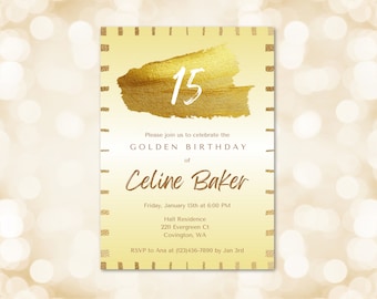 Golden Birthday Party Invitation, Birthday Celebration Invite, Milestone Gold Birthday, Canva Template,  Printable, Editable