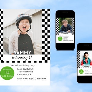 Kids Birthday Invitation, Custom Photo Bday Invite, Black White Checkerboard Party Invite, All Ages Birthday, Simple Birthday Invite