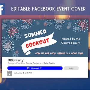 Puede incluir: Una portada de evento de Facebook azul y blanca con una pancarta roja que dice "Summer Cookout" y fuegos artificiales en el fondo. El texto "Hosted by the Castro Family" está debajo de la pancarta. El texto "Join us for food, drinks & a good time" está debajo del nombre de la familia. El texto "BBQ Party!" está en la parte superior de un cuadro blanco. El texto "Private - Event by Cassie Castro and Pete Castro" está debajo del nombre de la fiesta. El texto "Sat, July 4 at 1 PM" está debajo de los detalles del evento. Los textos "Respond" e "Invite" son botones debajo de la fecha y la hora.
