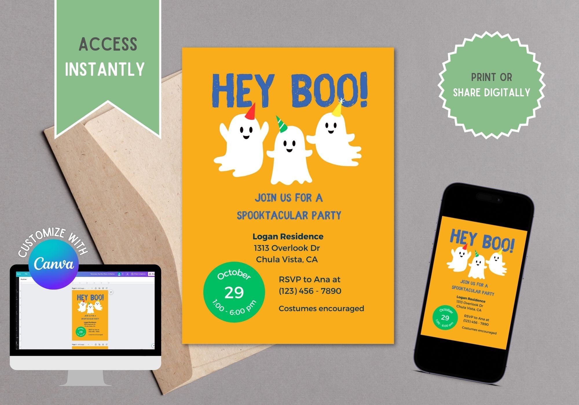 Hey Boo Halloween Party Invitation, Halloween Birthday Party Invitation ...