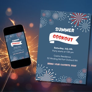 BBQ Invitation, Summer Cookout Invite, 4th of July Backyard Barbeque, Fireworks, Red, White, and Blue, Canva Template,  Printable, Editable