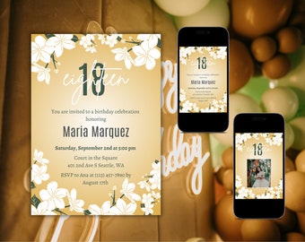 Filipino Debut 18th Birthday Party Invitation, Sampaguita Flowers, Gold Eighteen Birthday Invite, Canva Template,  Printable, Editable