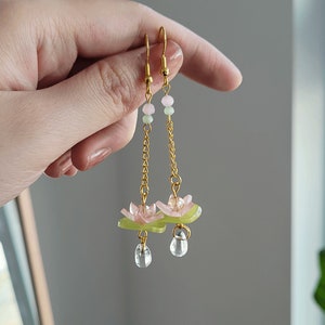 Lily pad Lotus Flower Earrings | Lilypad Dangle Earrings | Glass Flower Hanging Jewelry