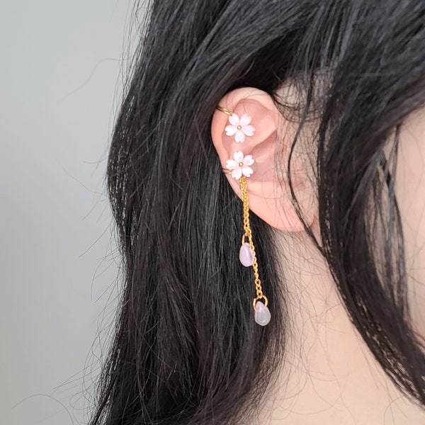 Pink Sakura Moonstone Ear Cuffs | Flower Dangle Drop Earrings | Asymmetric Dainty Ear Cuff Set