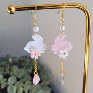 Cute Pearl Rabbit Earrings | Dangle Bunny Jewelry | Asymmetrical Sakura Flower Earrings | Animal Earrings
