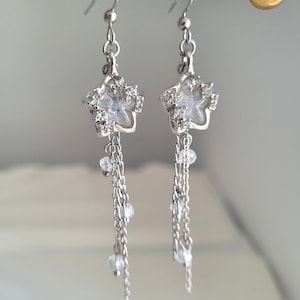 Può includere: Un paio di orecchini pendenti argentati. Ogni orecchino presenta un design a forma di stella con cristalli trasparenti e una catena pendente con piccole perle trasparenti. Gli orecchini sono sospesi a un gancio argentato.