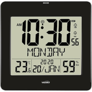 May include: A black digital clock showing 10:30 AM on Monday, 20th January 2020. The display includes the temperature at 23.6°C and humidity at 59%. Features a snooze button and the brand name "Youshiko".