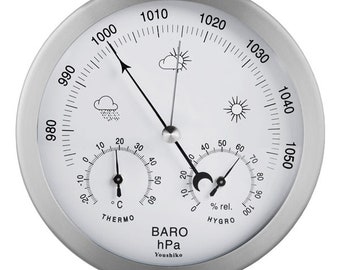 Youshiko 3 in 1 Weather Station for Indoor and Outdoor use , diameter 14 cm , Barometer Thermometer Hygrometer with stainless steel frame