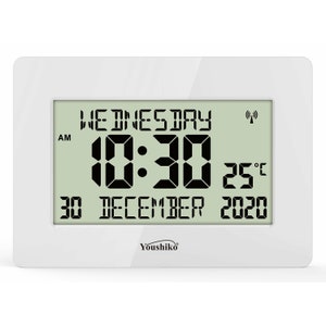 May include: White digital clock with a black display showing the time, date, and temperature. The clock displays "WEDNESDAY 10:30 AM 30 DECEMBER 2020 25°F".