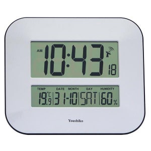 May include: White digital clock with a black display showing the time 10:43 AM, the date 3-10, the day SAT, the temperature 19.9 degrees Celsius, and the humidity 60%. The clock also has an AM/PM indicator, a radio antenna icon, and a Youishiko brand name.
