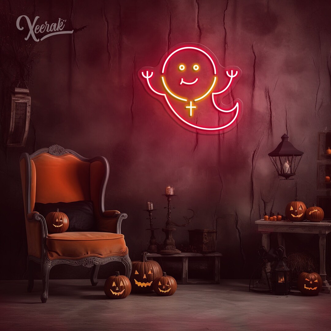 Ghost With a Cross Neon Sign LED Halloween Wall Decor Etsy