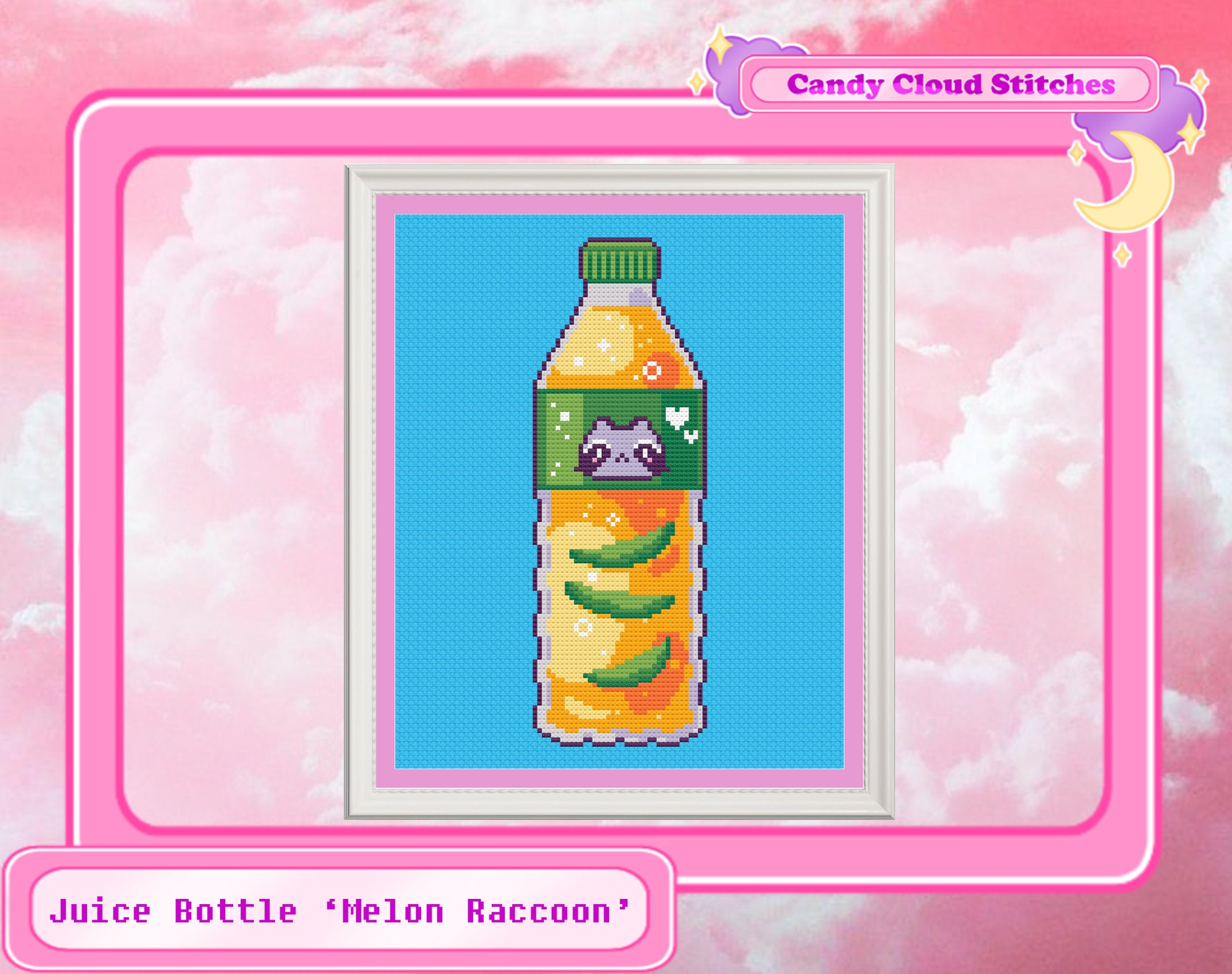 Juice Bottle - Melon Raccoon - Kawaii Cross Stitch Pattern PDF - Etsy