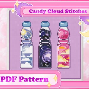 May include: Three colorful pixel art designs of Japanese soda bottles with different themes: clouds, space, and sunset. The designs are labeled "Candy Cloud Stitches" and "PDF Pattern".
