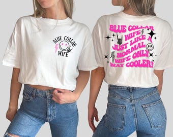 Diseño de camisa para esposa de cuello azul: estilo retro occidental, frente y espalda (PNG)