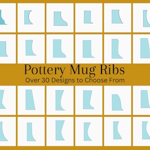 May include: A chart displaying 30 different pottery mug rib designs. The designs are arranged in a grid of 4 rows and 8 columns. All designs are in a light blue colour. The text "Pottery Mug Ribs" is at the top of the chart. The text "Over 30 Designs to Choose From" is below the title. The text "Visit Our Online Store for more Range" is on the left side of the chart. The text "www.thecreatestudio.com.au" is on the right side of the chart.
