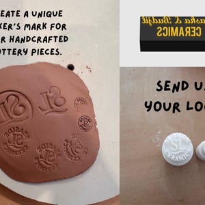 May include: Image of custom pottery stamps. The image includes a clay impression with various stamp designs, a 3D stamp, and the text "CREATE A UNIQUE MAKER'S MARK FOR YOUR HANDCRAFTED POTTERY PIECES." and "SEND US YOUR LOGO."