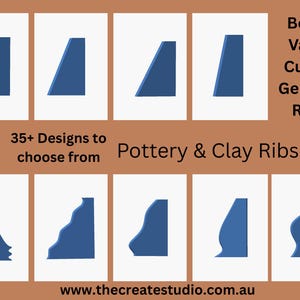 Puede incluir: Colección de costillas de cerámica y arcilla azules en varias formas, sobre un fondo marrón. El texto incluye "Bowl, Vase, Cup, & General Ribs", "35+ Designs to choose from" y "Pottery & Clay Ribs". La dirección del sitio web también es visible.