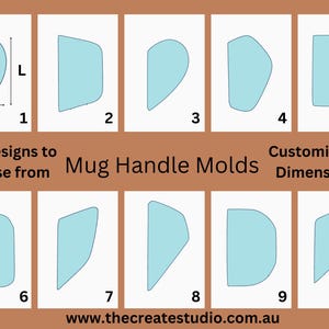 May include: Ten different designs for mug handles, shown in light blue. The designs are numbered 1 through 10. The first design shows the dimensions of the handle, labelled "L" for length and "W" for width. The text "70+ Designs to choose from Mug Handle Molds Customisable Dimensions" is below the designs. The text "www.thecreatestudio.com.au" is at the bottom of the image.