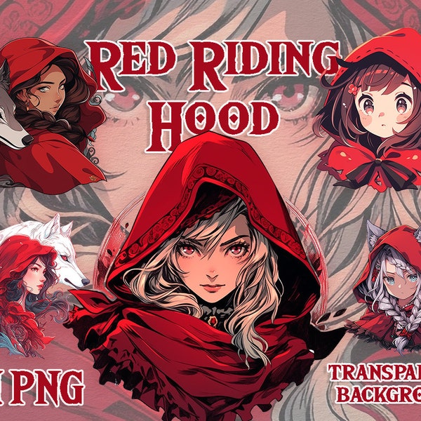 Cute Little Red Riding Hood Clipart 24 PNG Scrapbooking bundle Fantasy Fable Girl, transparent png, digital download commercial Birthday