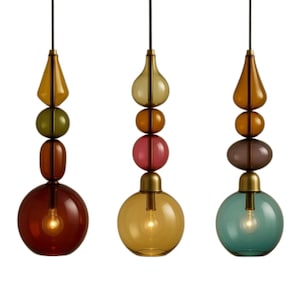 Set of 3 Hand-Blown Glass Pendant Lights with Artistic Design in Brown, Green, and Amber for Modern Home Decor, Lighting glass, Unique Light