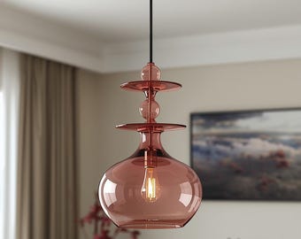 Hand-Blown Teal Glass Pendant Light, Modern Art Glass Ceiling Lamp