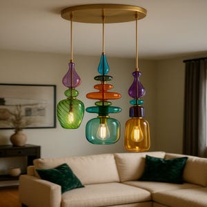 May include: Three colorful glass pendant lights hang from a gold-colored ceiling fixture. Each light features a unique design with stacked shapes in shades of green, blue, orange, and purple. The lights are illuminated, casting a warm glow.