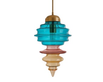 Hand-Blown Glass Pendant Light – Turquoise Blue & Ruby Pink Layered Globe