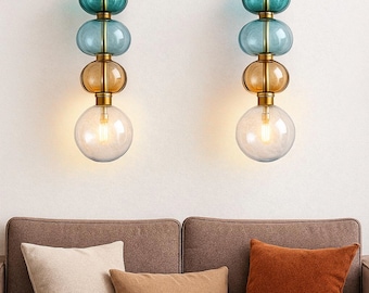 Handblown Art Glass Wall Sconces – Colorful Ribbed Design, Brass Mount (Set of 2)