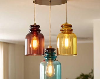 Handblown Glass Pendant Light Set – Multicolor Chandelier, Brass Finish