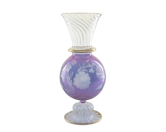 Etched Purple Glass Vase – Handmade Floral Design, Gold Accent