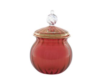 Red Handblown Glass Jar with Lid – Gold Rim Artisan Candy Dish