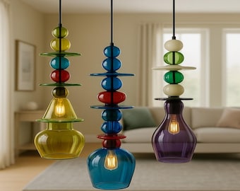 Hand Blown Glass Pendant Lights Set of 3, Modern Chandelier